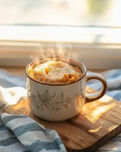 Golden carrot cake mug cake in rustic ceramic mug on wooden cutting board with warm natural lighting and cozy kitchen background