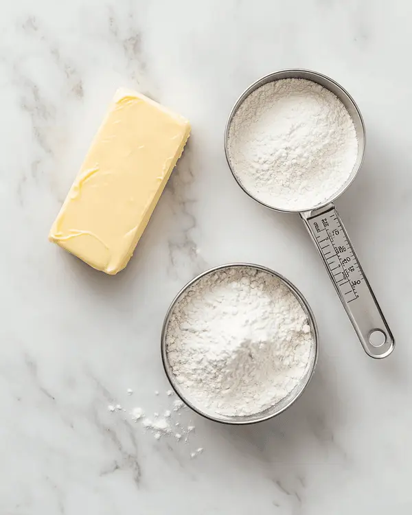 Three ingredients for no bake condensed milk cookies: butter, sweetened condensed milk, and all-purpose flour arranged on marble counter