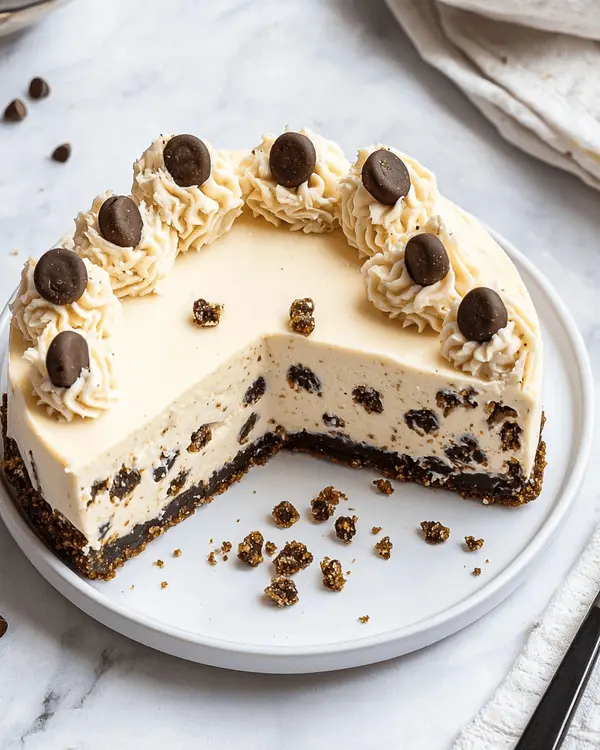 No Bake Cookie Cheesecake 4 Perfect slice of no bake cookie cheesecake showing cookie crust, creamy filling with cookie dough pieces, and garnish