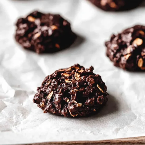Dark Chocolate No Bake Cookies 5 Close-up hero shot of rich, fudgy dark chocolate no bake cookies showing texture and oat pieces