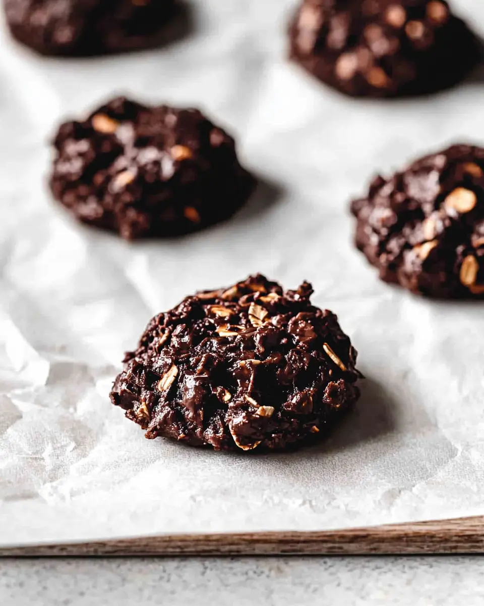 Dark Chocolate No Bake Cookies 1 Close-up hero shot of rich, fudgy dark chocolate no bake cookies showing texture and oat pieces