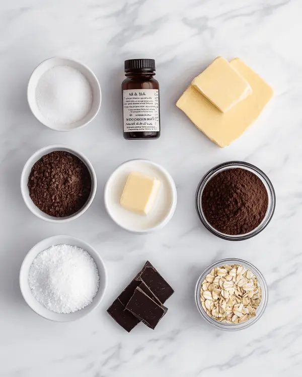 Dark Chocolate No Bake Cookies 2 Ingredients for dark chocolate no bake cookies arranged on white marble surface including sugar, milk, butter, dark cocoa powder, peanut butter, oats, and vanilla extract