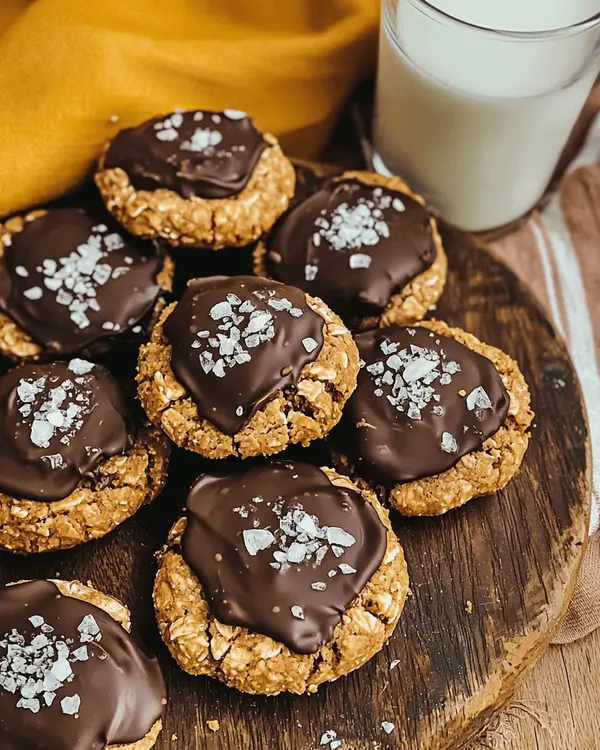 No Bake Date Cookies 4 Finished no bake date cookies with chocolate topping and sea salt served on wooden board with glass of milk