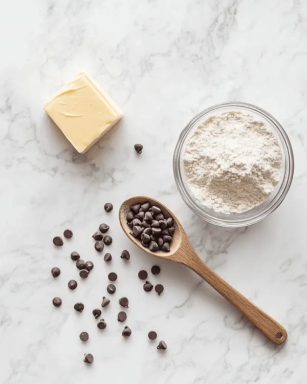 3 Ingredient Cookie Dough No-Bake 2 Three ingredients for no-bake cookie dough recipe including vegan butter, brown sugar, flour and chocolate chips arranged on white marble surface