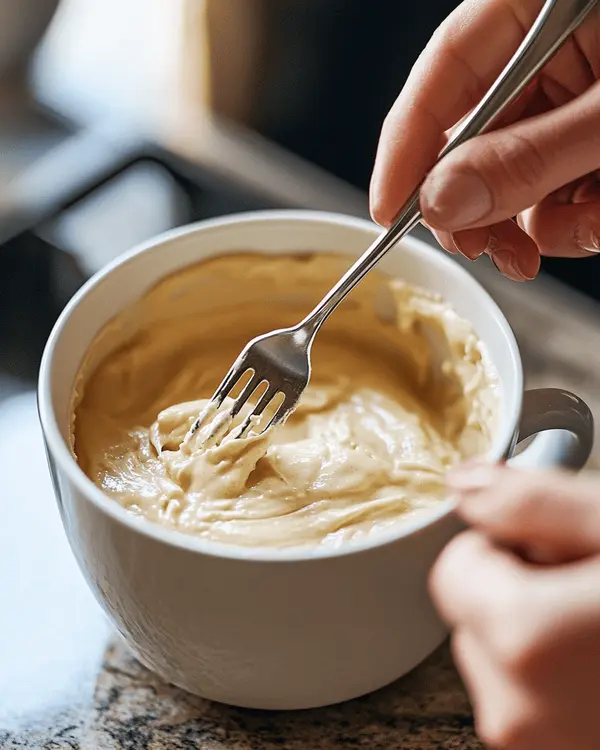 Cake Mix Mug Cake Recipe 3 Hands mixing cake mix mug cake batter in ceramic mug with fork showing proper consistency