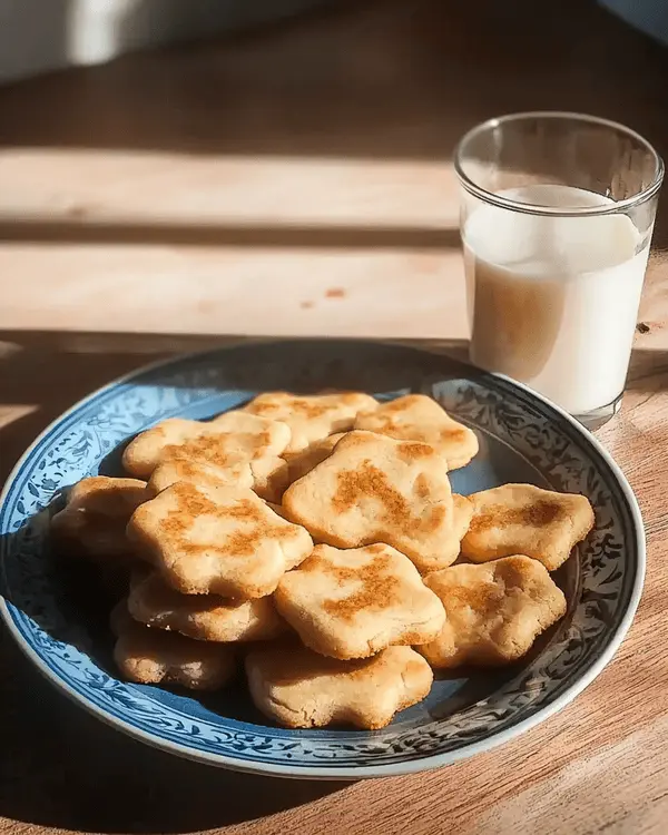 Stack of golden no bake condensed milk cookies on ceramic plate next to glass of milk