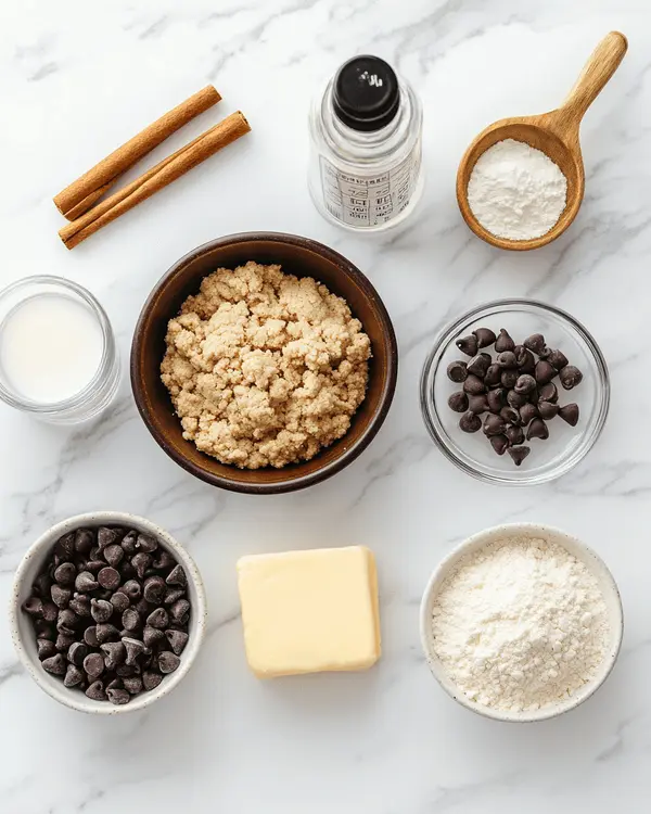 Ingredients for no bake chocolate chip cookie dough recipe arranged on marble counter including brown sugar, butter, flour, chocolate chips, vanilla, cinnamon and milk