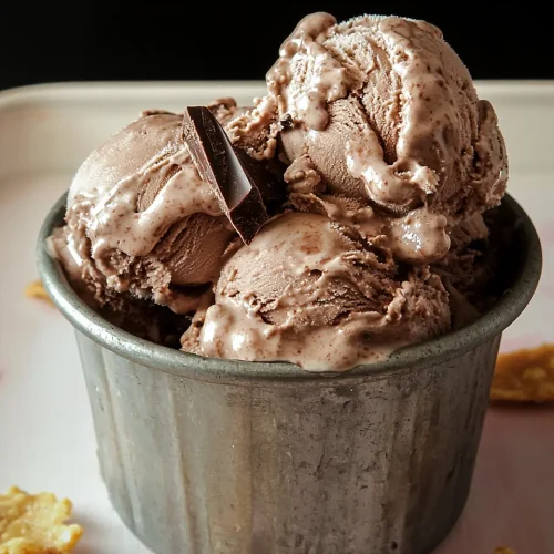 French Silk Pie Ice Cream 5 Hero shot of French silk pie ice cream with chocolate curls and crust pieces.