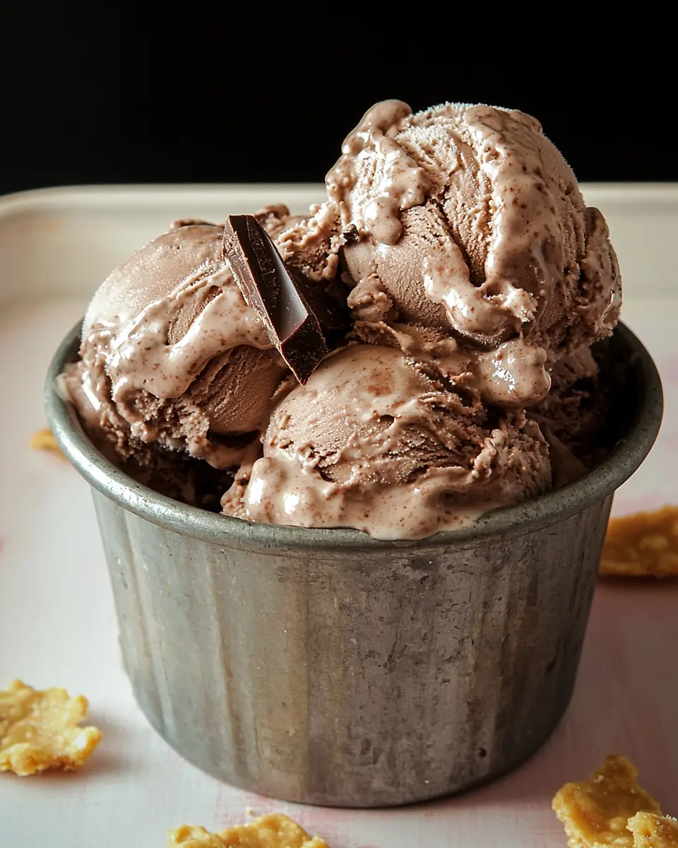 French Silk Pie Ice Cream 1 Hero shot of French silk pie ice cream with chocolate curls and crust pieces.