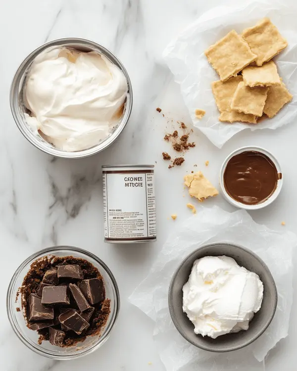 French Silk Pie Ice Cream 2 Overhead view of ingredients for French silk pie ice cream on a marble surface.
