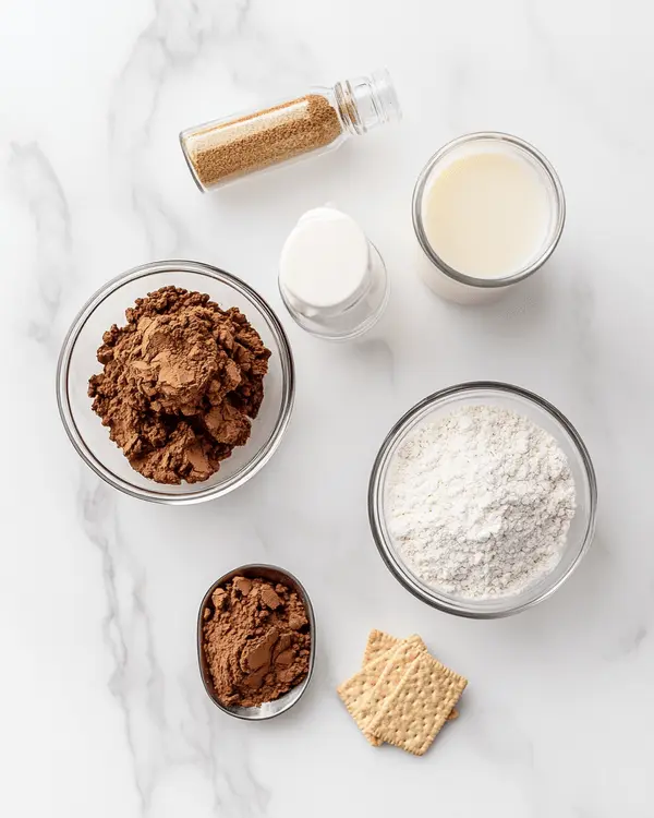Ingredients for no bake cookies with graham crackers arranged on marble countertop including sugar, butter, milk, cocoa powder, vanilla, oats, and crushed graham crackers