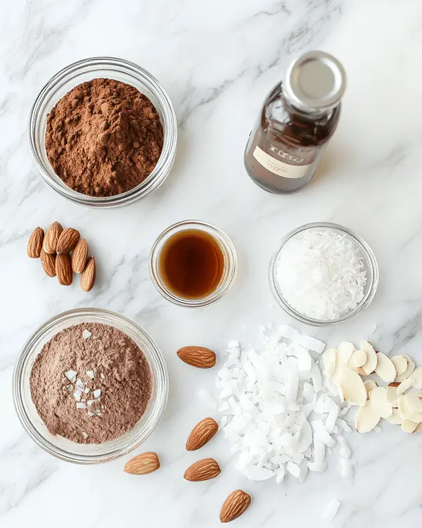 Paleo No Bake Cookies 2 Ingredients for paleo no bake cookies arranged on marble counter including maple syrup, cacao powder, coconut oil, almond butter, vanilla extract, sea salt, coconut flakes and sliced almonds