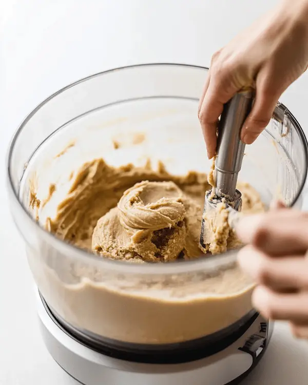 No Bake Date Cookies 3 Food processor bowl showing smooth date and peanut butter mixture being processed for no bake date cookies