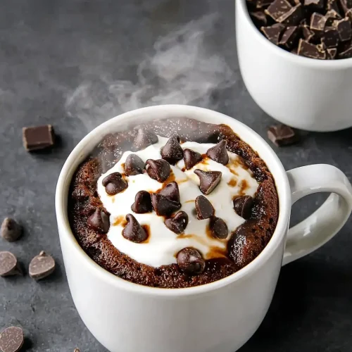 Hero shot of hot cocoa mug cake in white ceramic mug with melted chocolate chips on top, dramatic lighting on dark surface