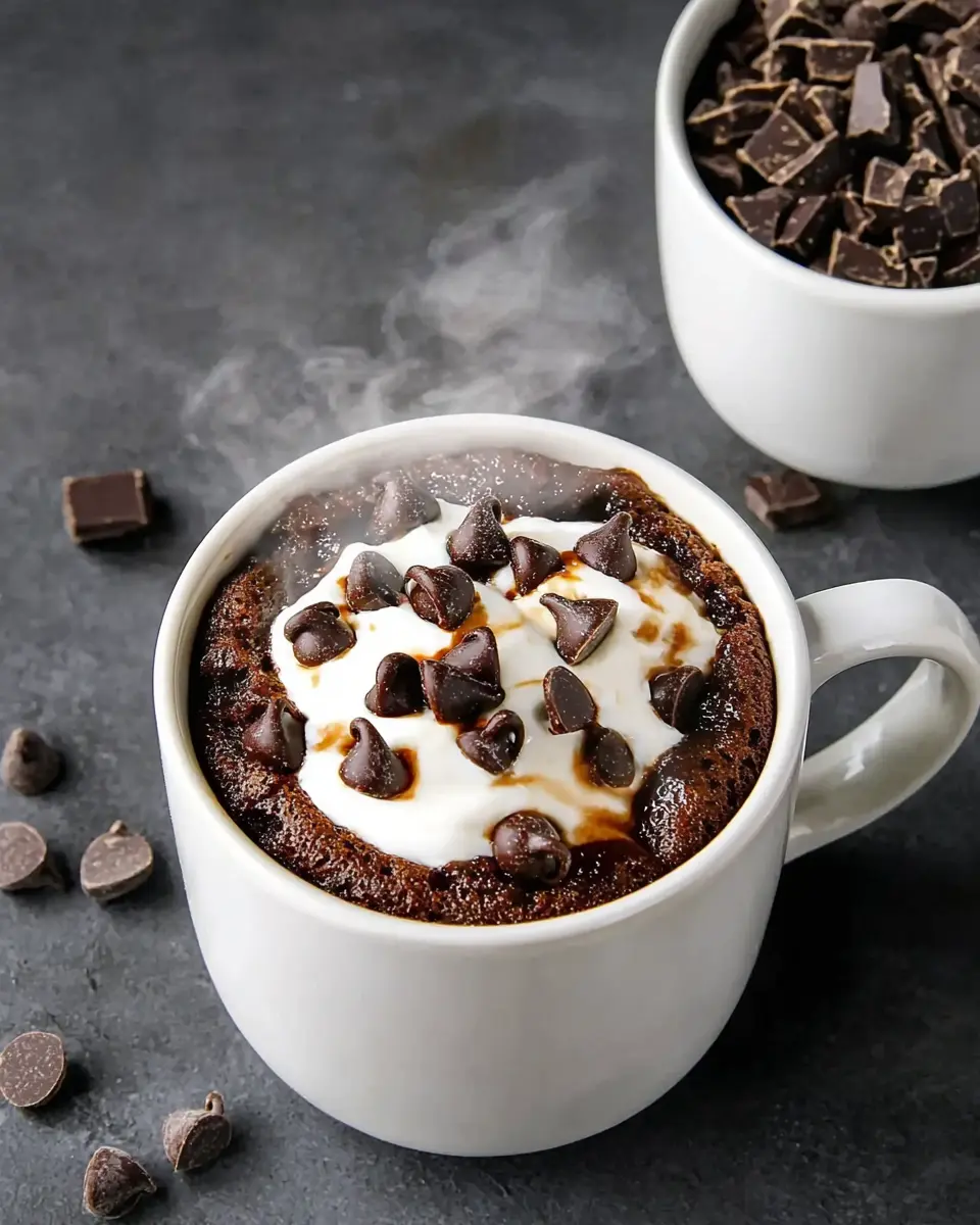 Hot Cocoa Mug Cake 1 Hero shot of hot cocoa mug cake in white ceramic mug with melted chocolate chips on top, dramatic lighting on dark surface