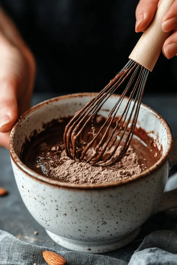 Mug Cake with Almond Meal 3 Hands mixing almond meal mug cake batter in ceramic mug showing the step-by-step preparation process