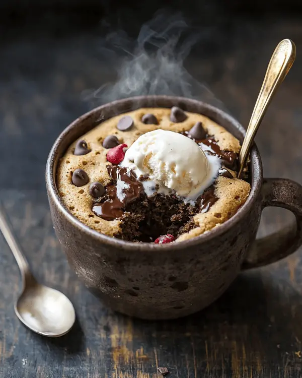 Ultimate Almond Meal Mug Cake Recipe 4 Finished almond meal mug cake in ceramic mug with melted chocolate chips on top, served with vanilla ice cream and spoon