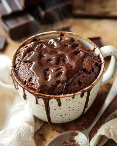 Hero shot of kodiak mug cake with chocolate drizzle and steam rising, showcasing rich chocolate texture