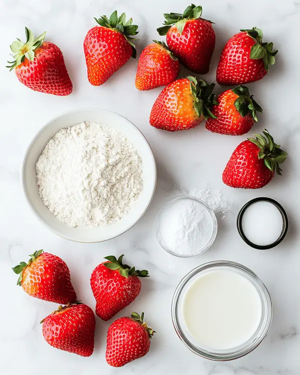Strawberry Mug Cake 2 Fresh ingredients for strawberry mug cake including strawberries, flour, coconut oil, and baking powder arranged on marble counter