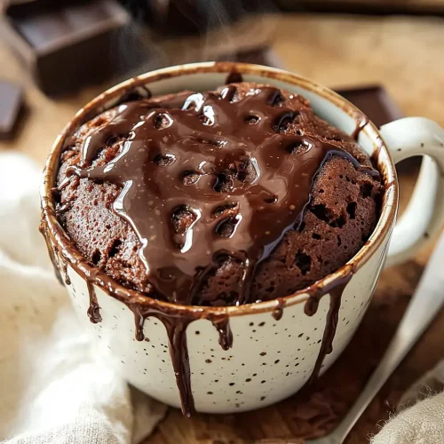 Kodiak Mug Cake Recipe 5 Hero shot of kodiak mug cake with chocolate drizzle and steam rising, showcasing rich chocolate texture