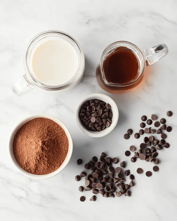 Kodiak Mug Cake Recipe 2 Kodiak mug cake ingredients laid out on marble counter including pancake mix, cocoa powder, milk, maple syrup, and chocolate chips