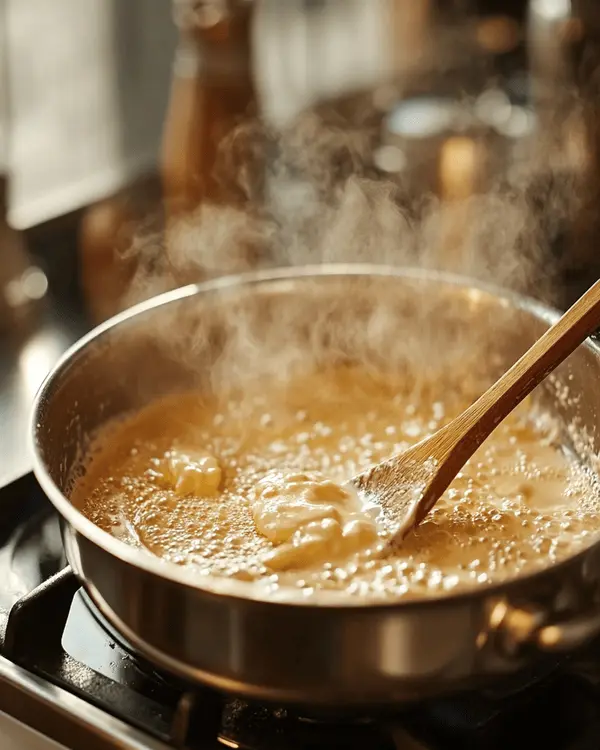 Boiling sugar, butter, and milk mixture in saucepan being stirred with wooden spoon during the crucial 5-minute cooking step