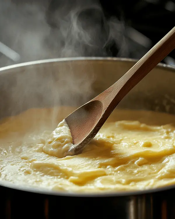Lemon Oatmeal No Bake Cookies Recipe 3 Wooden spoon stirring lemon pudding mixture in saucepan during cooking process for no bake cookies