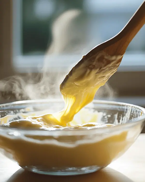 Lemon Oatmeal No-Bake Cookies 3 Melted white chocolate being whisked with fresh lemon juice in a glass mixing bowl, showing the smooth pale yellow mixture