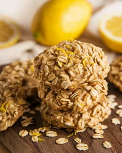 Stack of homemade lemon no bake oatmeal cookies on wooden cutting board with scattered oats and lemon zest