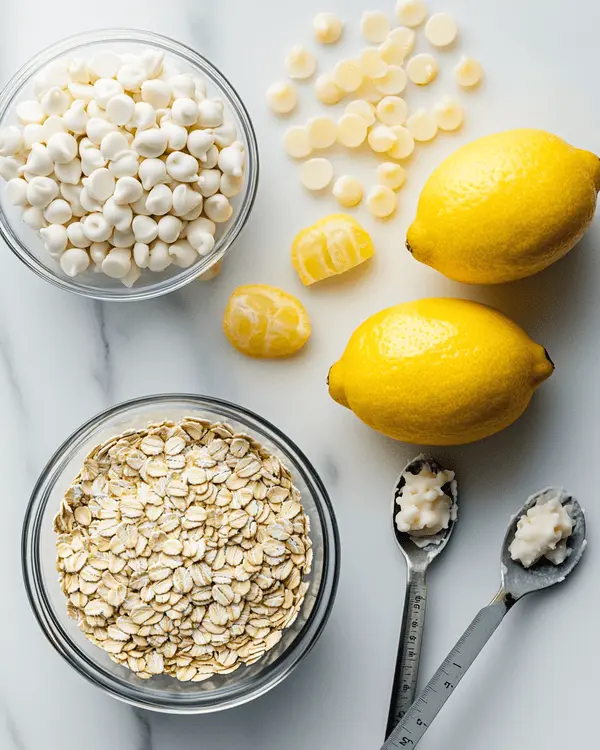 Lemon Oatmeal No-Bake Cookies 2 Fresh ingredients for lemon oatmeal no-bake cookies including white chocolate chips, fresh lemons with zest, and quick oats arranged on white marble countertop