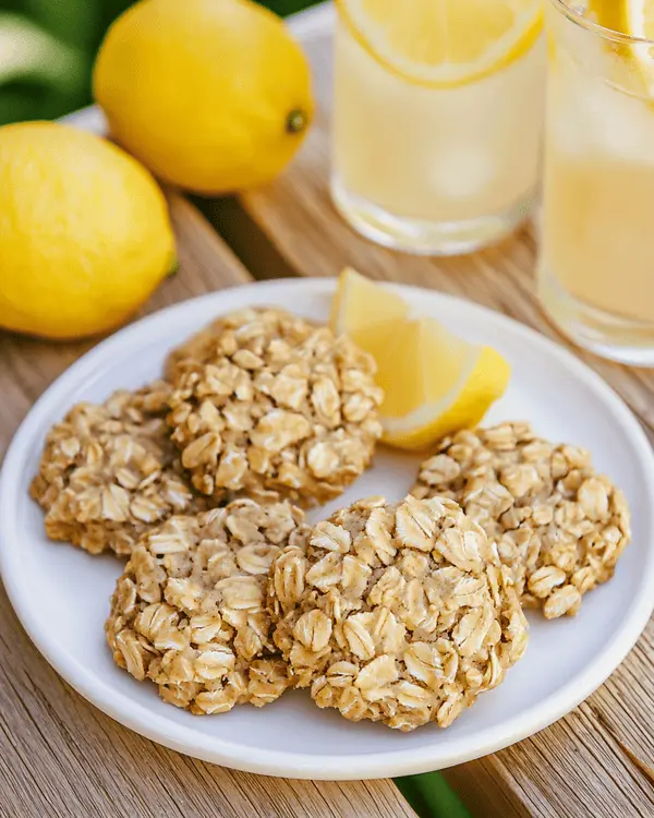 Three lemon no bake oatmeal cookies served on white plate with glasses of iced lemonade and fresh lemon garnish