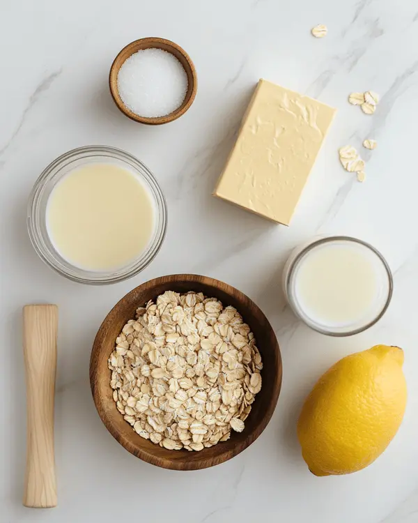 Ingredients for lemon no bake oatmeal cookies including sugar, butter, milk, lemon pudding mix, oats, and vanilla extract arranged on marble countertop