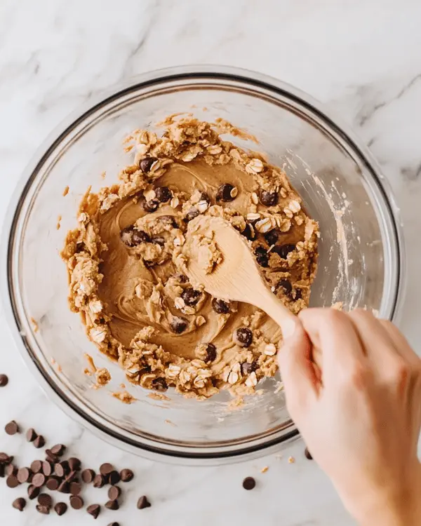 No Bake Lactation Cookies 3 Hands mixing no bake lactation cookie dough in glass bowl showing chunky mixture with oats and chocolate chips