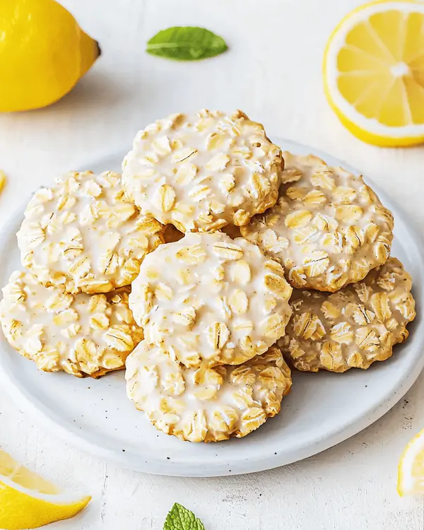 Lemon Oatmeal No-Bake Cookies 4 Lemon oatmeal no-bake cookies served on white ceramic plate with fresh lemon slices and mint garnish