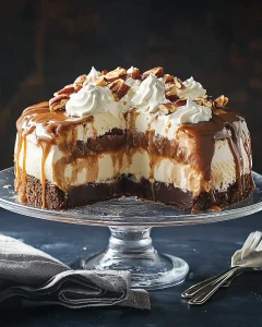 Complete mile high ice cream pie on glass cake stand showing towering layers of ice cream with caramel sauce dripping down sides and whipped cream topping
