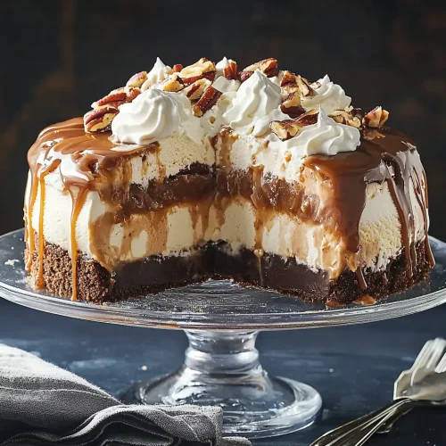 Complete mile high ice cream pie on glass cake stand showing towering layers of ice cream with caramel sauce dripping down sides and whipped cream topping