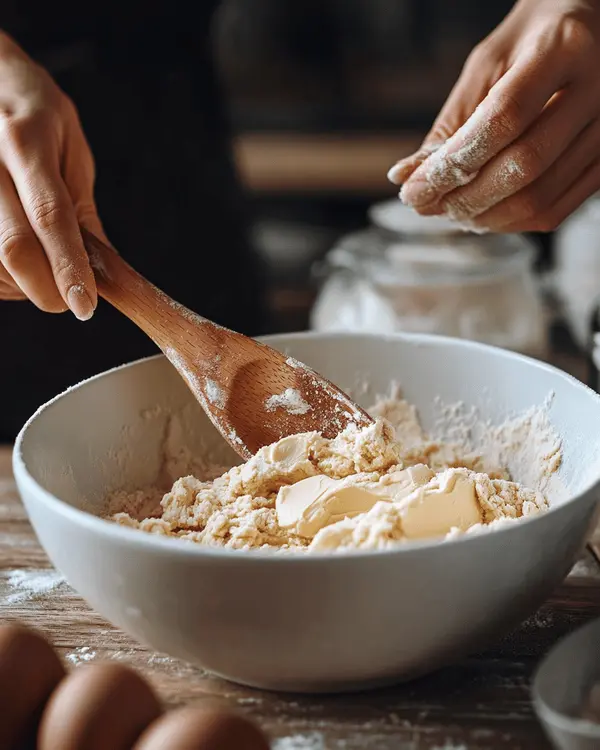3 Ingredient Cookie Dough No-Bake 3 Hands mixing vegan butter and brown sugar in white bowl to create 3 ingredient no-bake cookie dough