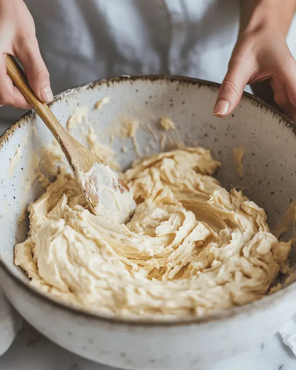 Hands mixing no-bake almond butter cookie dough in a large bowl showing the creamy texture as ingredients come together