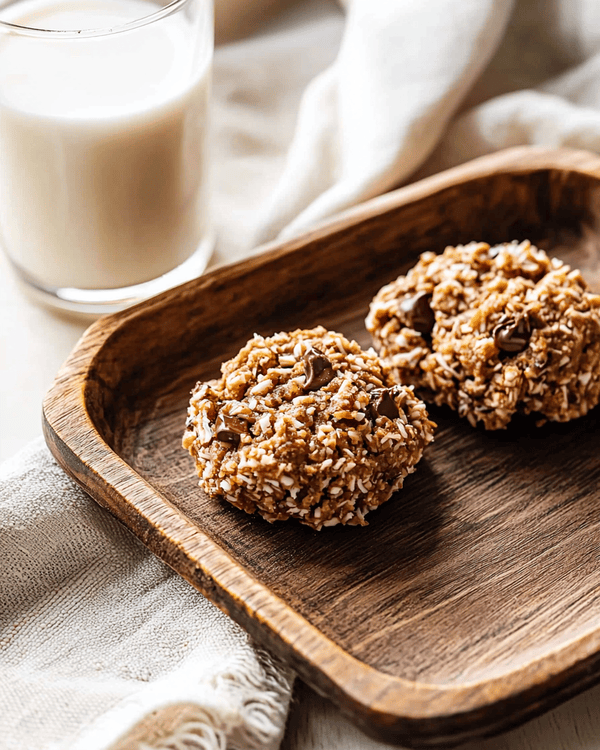 No Bake Caramel Cookies 4 Three no bake caramel cookies on wooden plate served with glass of milk showing coconut texture and chocolate chunks