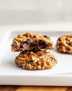 Stack of no bake caramel cookies with one broken in half revealing chewy coconut caramel interior with chocolate chunks