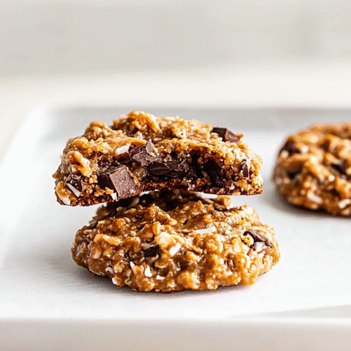 Stack of no bake caramel cookies with one broken in half revealing chewy coconut caramel interior with chocolate chunks