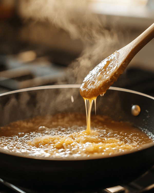 No Bake Caramel Cookies 3 Golden caramel mixture bubbling in saucepan during the 2-minute boiling stage of no bake caramel cookies preparation
