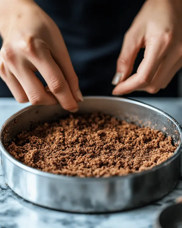 No Bake Cookie Cheesecake 3 Hands pressing chocolate cookie crust mixture firmly into springform pan for no bake cookie cheesecake base