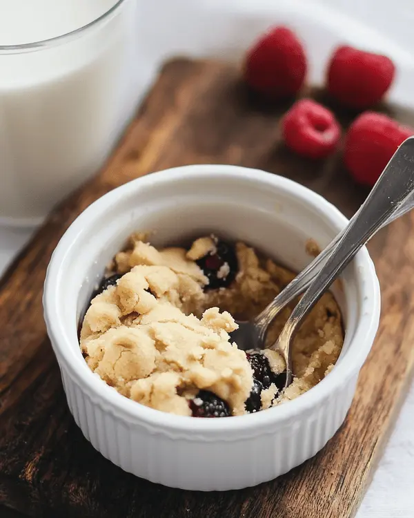 3 Ingredient Cookie Dough No-Bake 4 No-bake cookie dough served in white ramekins with small spoons, fresh berries, and cold milk on wooden board