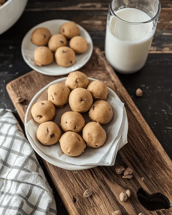 No bake chocolate chip cookie dough balls arranged on rustic wooden board with glass of milk and white plates