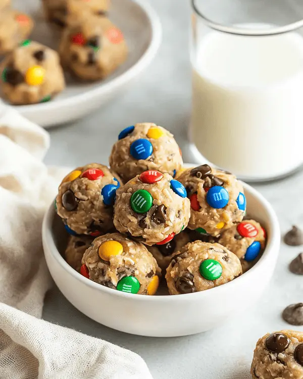 Cookie Balls No Bake 4 No bake cookie balls served on white plate with glass of milk, showing colorful M&Ms and chocolate chips
