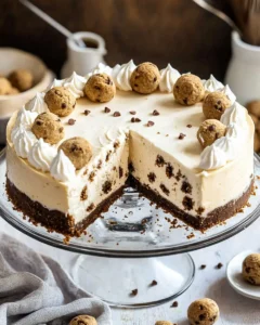 Complete no bake cookie cheesecake on cake stand with one slice removed, showing creamy layers and cookie dough garnish