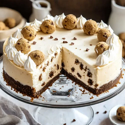 No Bake Cookie Cheesecake 5 Complete no bake cookie cheesecake on cake stand with one slice removed, showing creamy layers and cookie dough garnish