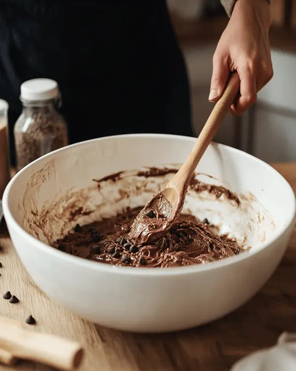 Hands mixing no bake chocolate chip cookie dough in white bowl with wooden spoon, showing creamy texture with chocolate chips