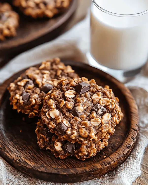 No Bake Cookies Without Oats 4 Finished no bake cookies without oats served on wooden plate with glass of milk showing chunky nut texture